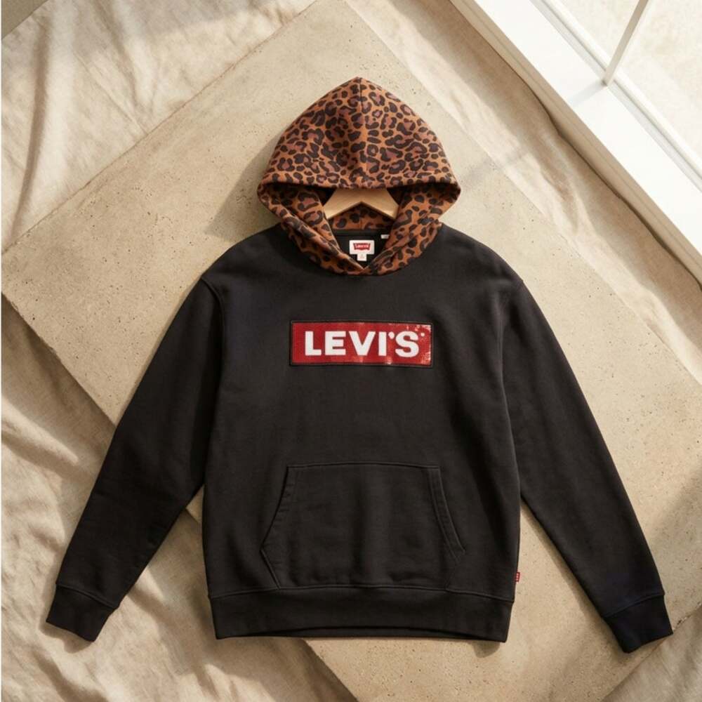Levi's Black Fleece Hoodie - Size XS - NWT - Red Sequin Logo Leopard Print